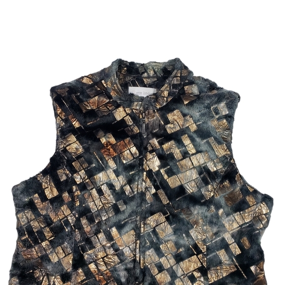 Erin London Faux Fur Vest Size Medium Gray Gold Metallic Abstract Print Full Zip - Picture 5 of 14